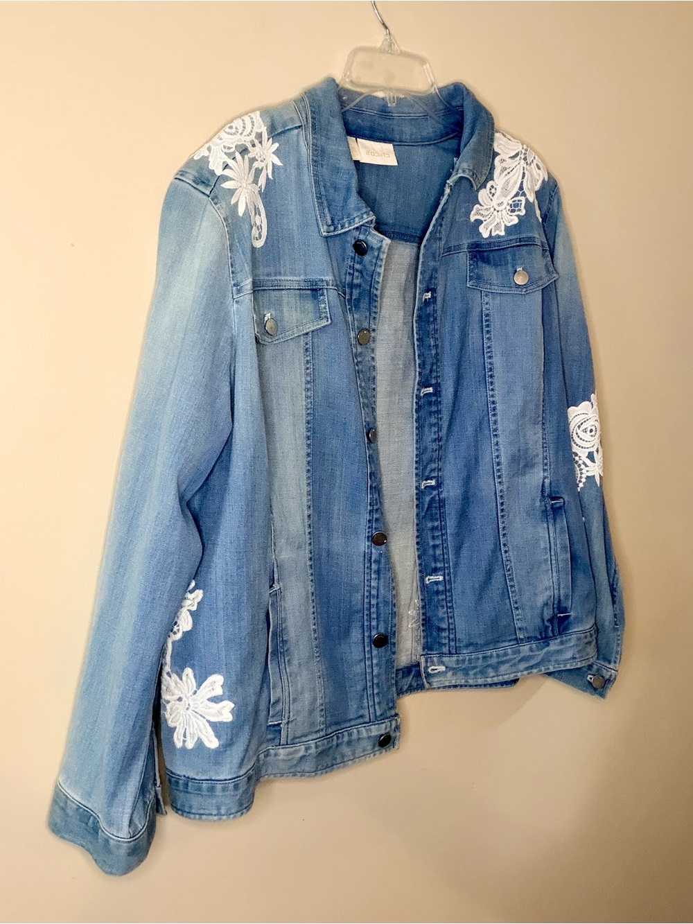 Chico's Light Blue Denim Jacket with White Embroidered Accents